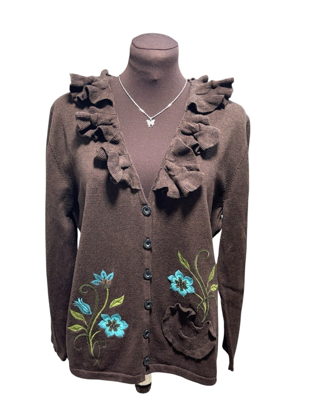 Y2K Timberlea Womens Brown Floral Embroidered Cardigan XL Boho Cottagecore - Picture 3 of 10